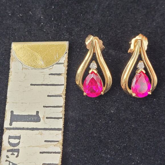 Ruby or Topaz and Diamond Teardrop Earrings Set in 10K Yellow Gold - Picture 6 of 7